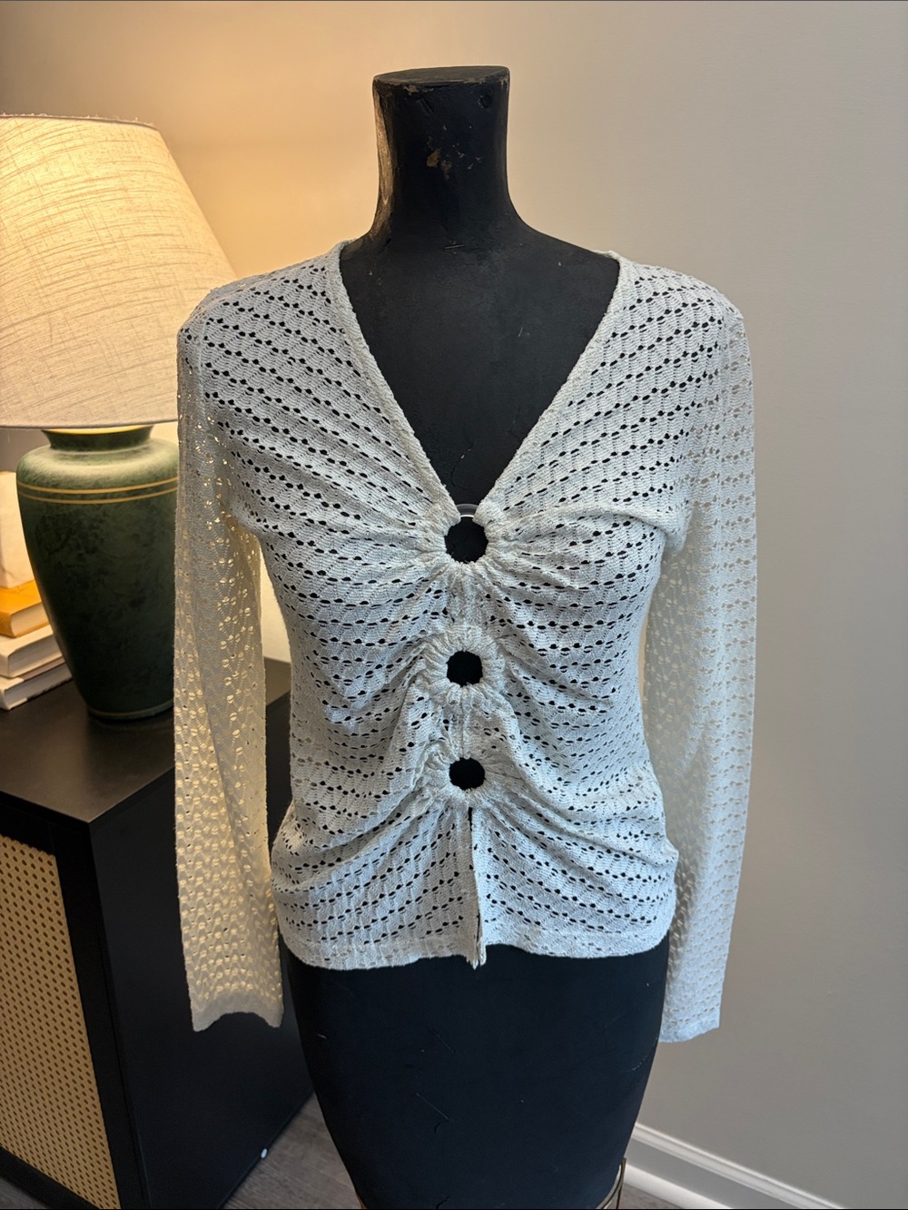 Musier Paris Off-White Silver Shimmer Open Knit Blouse EU 38 Y2K Holiday Party
